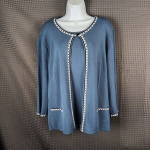 Alfred Dunner Blue Mock Layered Cardigan Sweater Geometric Trim Womens Large